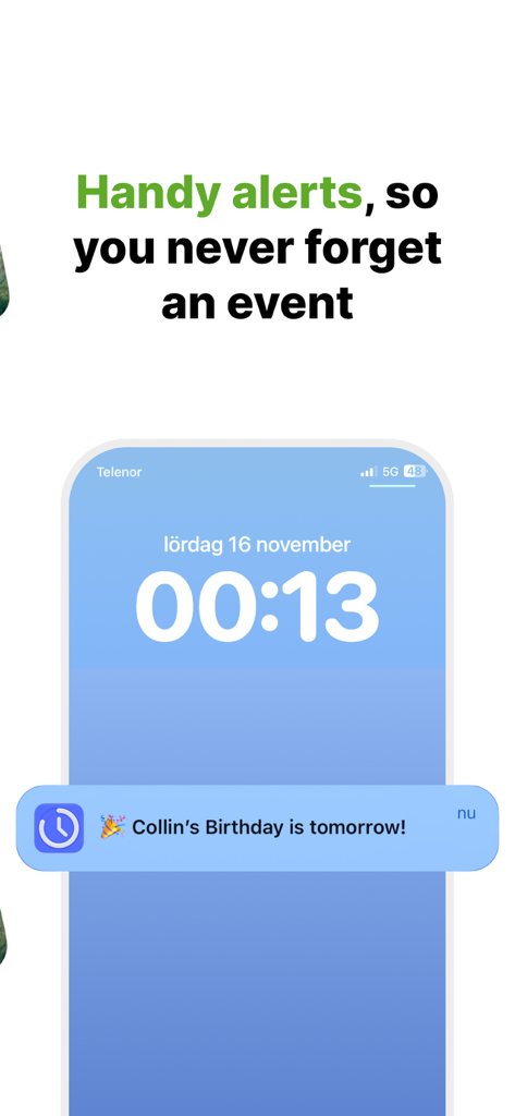 Countdown Widget - Track days - An iPhone lock screen displaying a birthday event notification from the Countdown Widget app