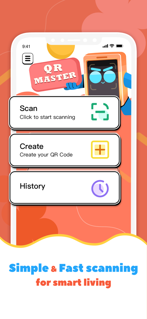 QR Master - Creator - QR Master Creator mobile app main menu with scan and create options