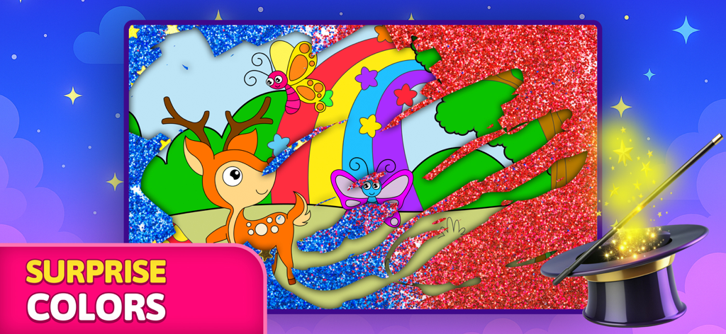 Kids Drawing Games: Color,Draw - Interactive surprise coloring activity for kids featuring a deer and rainbow revealed with glitter effects