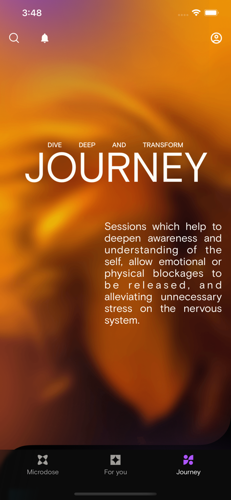 VANA - VANAアプリのジャーニー画面。神経系の調整と自己認識のためのセッションが表示されています