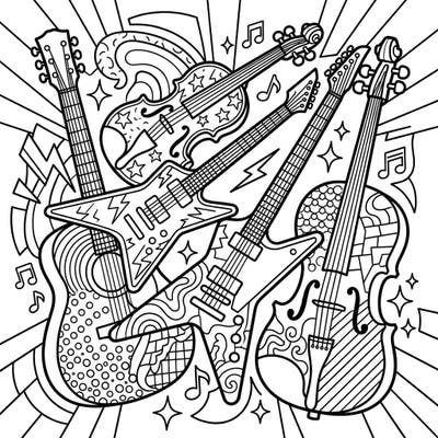 Unleash your inner artist with this dynamic Pop Art coloring page featuring an exciting array of string instruments. From electric guitars to elegant violins, this design captures the energetic spirit of music in a unique style.