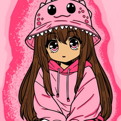 girl with anime shaped eyes with a dinosaur bucket hat oversized sweatshirt long straight hair