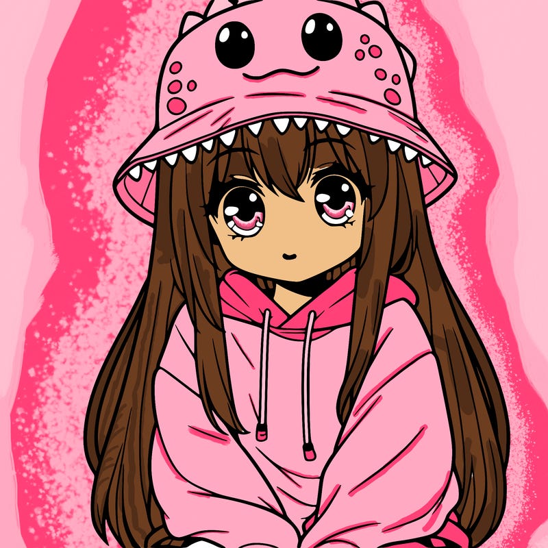 girl with anime shaped eyes with a dinosaur bucket hat oversized sweatshirt long straight hair