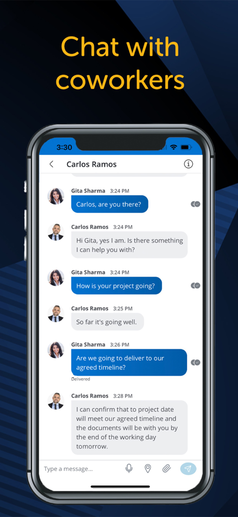 MiCollab for Mobile - A screenshot of the MiCollab for Mobile app showing a professional chat conversation between two coworkers on an iPhone.