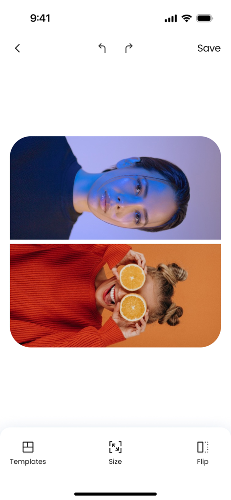 Screenshot of the Photo Collage Maker app showing a two-photo vertical layout and editing tools