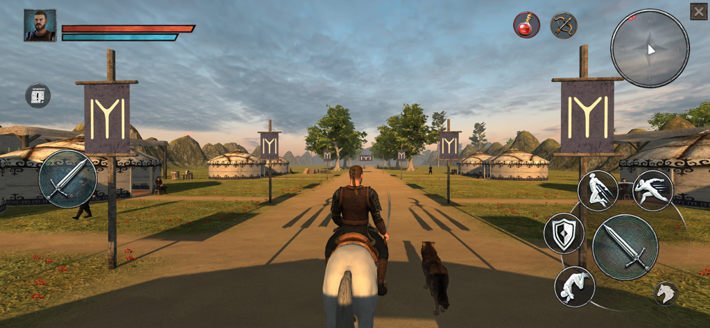 Ertugrul riding a white horse through a historical camp with a wolf companion in the game Ertugrul Gazi 2