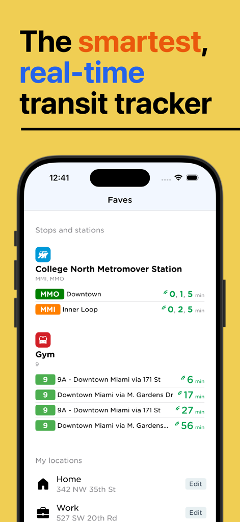 Atlanta Transit app Favorites screen showing real time MARTA bus and rail arrival times