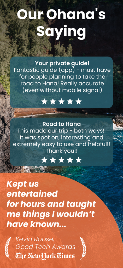 Positive user testimonials and New York Times endorsement for the Road to Hana Maui GyPSy Guide app