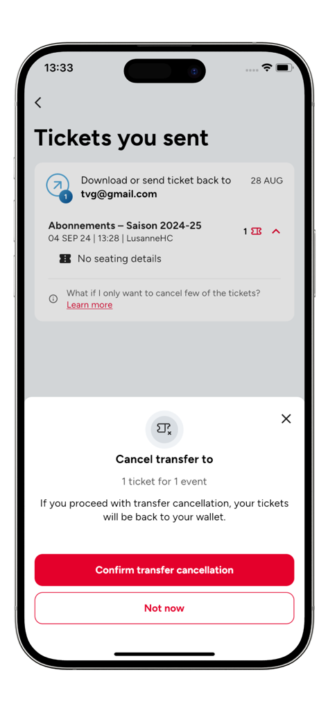 LHC Tickets - Oberfläche der mobilen App LHC Tickets zeigt ein Bestätigungsmodal zum Abbrechen einer Ticketübertragung.