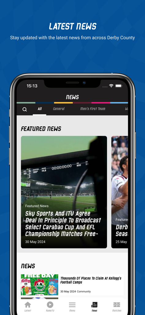 Derby County FC - La pantalla de últimas noticias en la app móvil del Derby County FC con artículos destacados de fútbol y actualizaciones del equipo.