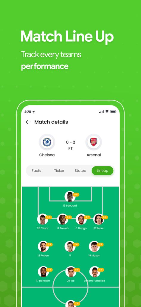 Schermata dell'app mobile che mostra la formazione di una partita di calcio con le valutazioni dei giocatori