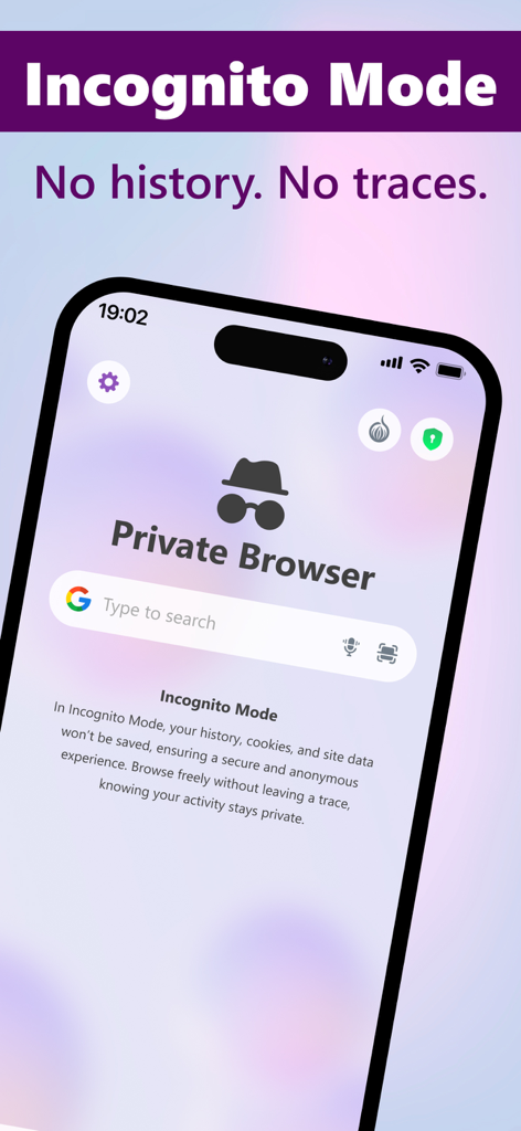 TOR Browser, Prosec Onion VPN - Interfaz del modo incógnito de la aplicación del navegador privado Prosec mostrando historial nulo y sin rastros.