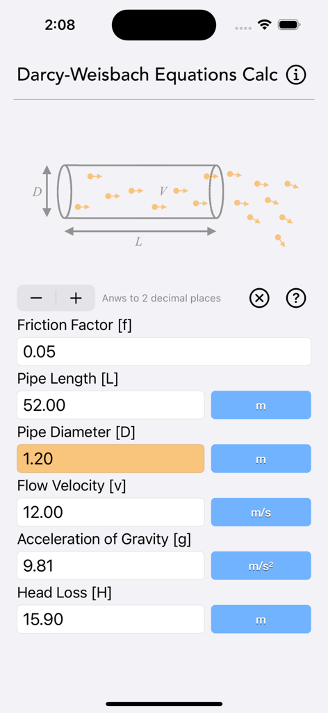 Darcy-Weisbach Equations Calculator interface showing fluid head loss calculations and hydraulic parameters