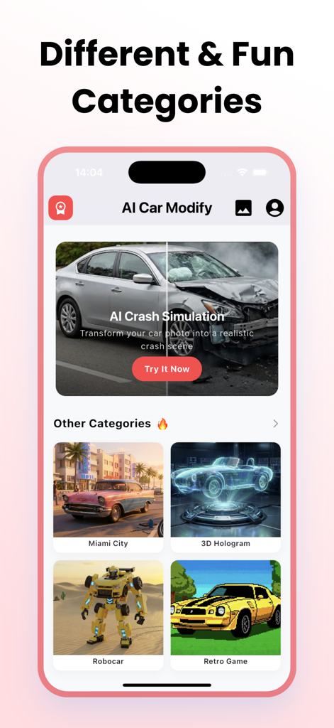 AI Car Design: Custom Maker - Benutzeroberfläche der AI Car Design App, die kreative Modifikationskategorien wie Unfallsimulation und Miami City Style zeigt