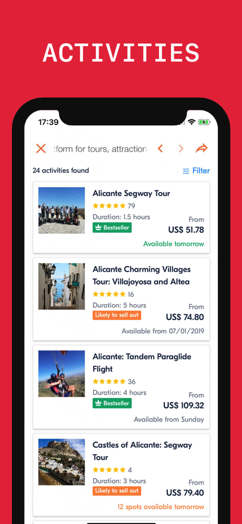 A mobile app screen displaying various bookable activities in Alicante like segway tours and paragliding.