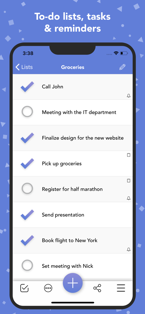 Lists To-do - Lists To-do app interface showing a grocery list with checked and unchecked tasks on an iPhone.