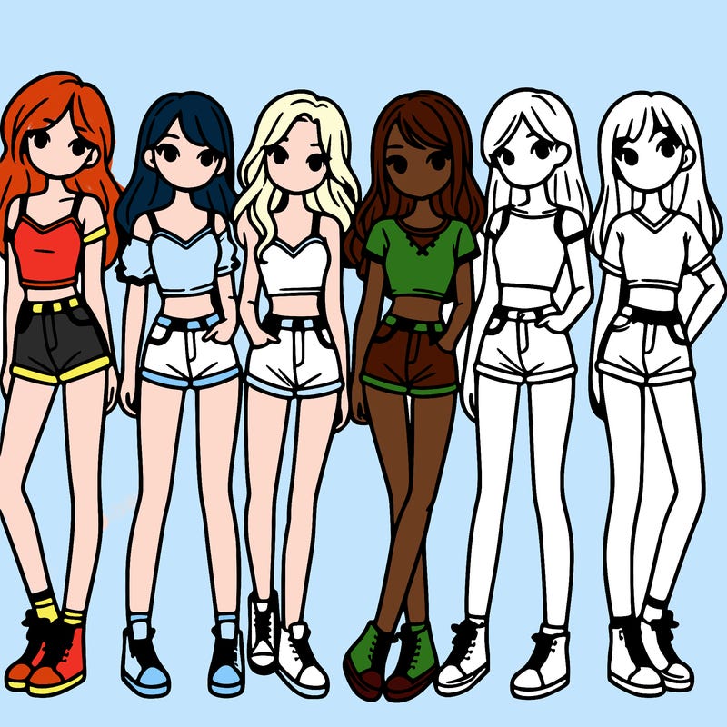 a group of girls wearing crop tops and shorts