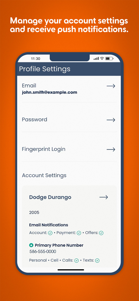 Credit Acceptance Mobile app profile settings screen for managing email notifications and login security