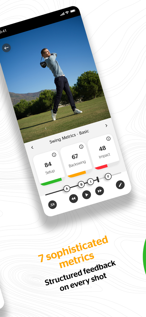 Interfaz de la aplicación BAL.ON que muestra métricas básicas del swing de golf para la preparación, el backswing y el impacto