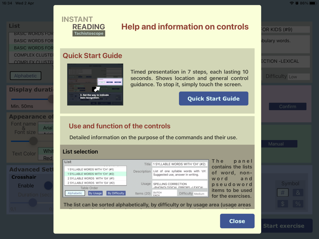 Help menu screen showing the quick start guide and control functions for the Instant Reading app