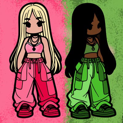 girl in baggy pants crop top and long hair