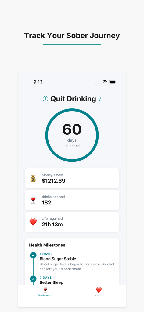 My Sober Journey: Quit Drink - Dashboard of the My Sober Journey app displaying a sixty day sobriety counter and health milestones