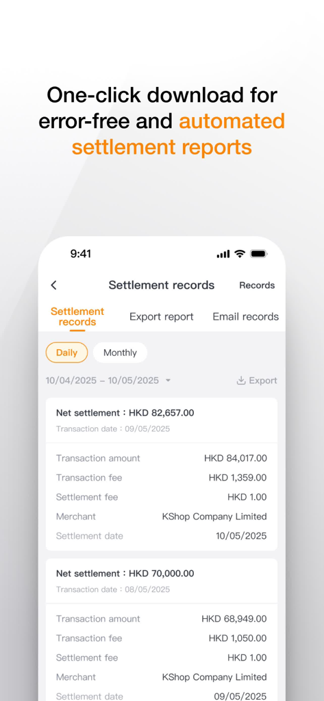 KPay - KPay app interface displaying automated settlement records and transaction details for merchants.
