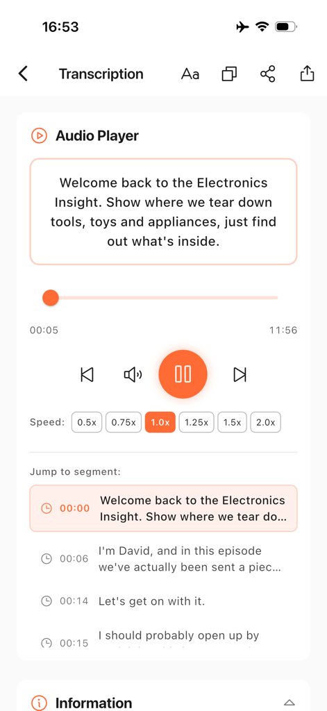 iTranscription - iTranscription アプリのインターフェイス。同期されたテキストセグメントと再生コントロールを備えたオーディオプレーヤーが表示されています。