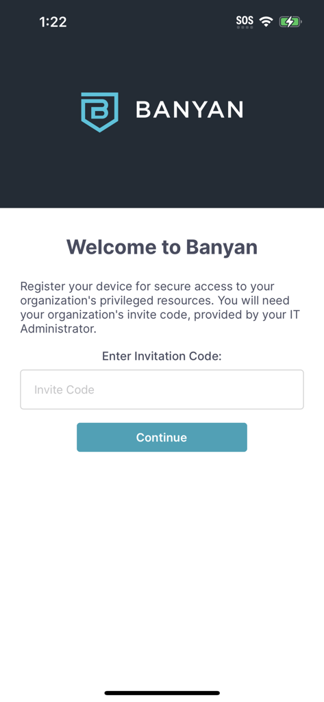 Banyan Security app welcome screen with a field to enter an invitation code for device registration