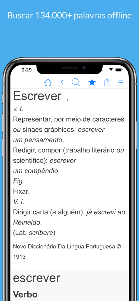 Dicionário Português. - Portuguese dictionary app interface showing the definition and verb details for the word Escrever