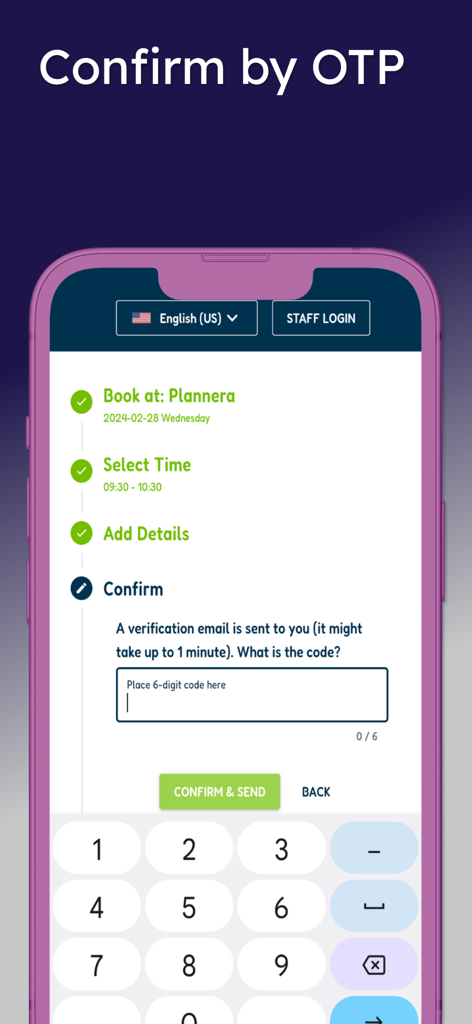 Pantalla de la aplicación móvil que muestra el proceso de verificación OTP para una reserva de restaurante en Plannera