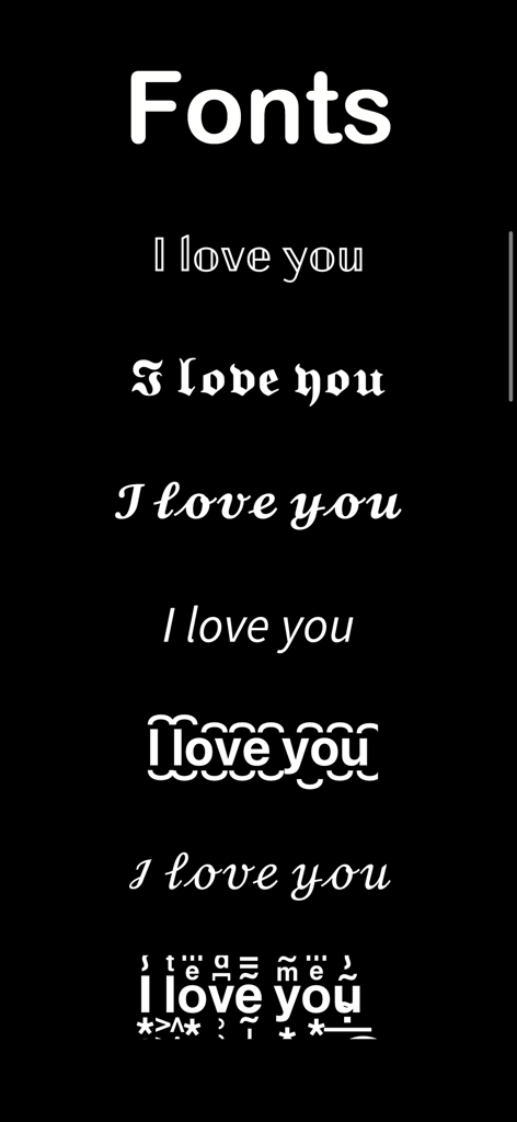 Gemoji: AI Emoji Maker - 2026 - Divers styles de polices décoratives pour la phrase « Je t'aime » dans l'application Gemoji.