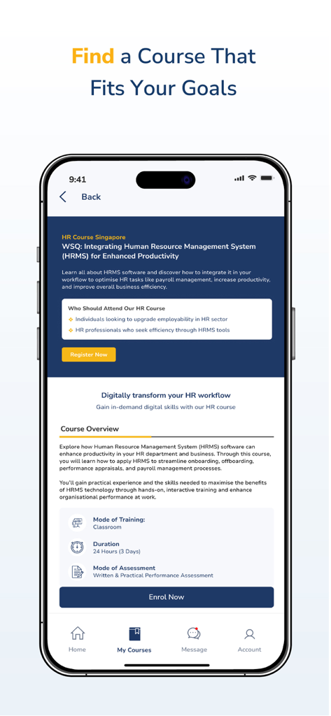 Infotech Academy app screen showing human resource management system course details and registration