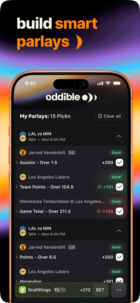 Oddible: AI Sports Betting - Oddible app screen displaying smart parlay picks with AI grades for sports betting