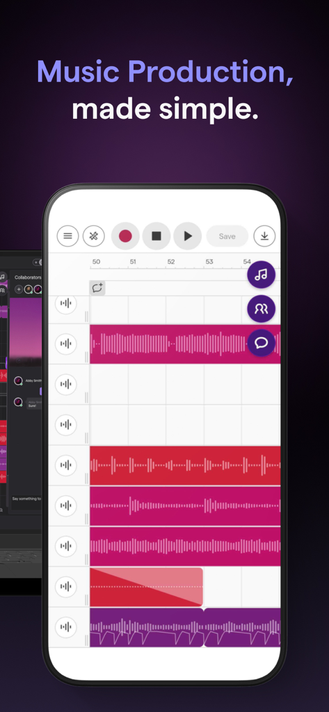 Mobile app interface of Soundtrap showing multiple colored audio tracks with waveforms and a text saying Music Production made simple.