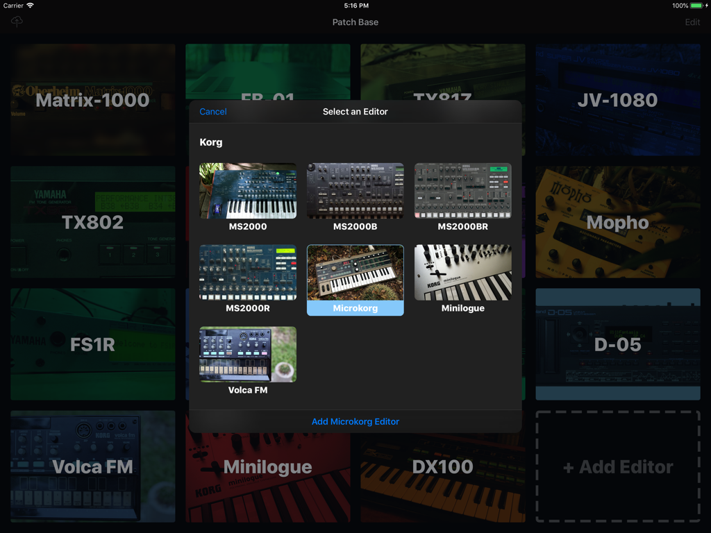 Interface do aplicativo Patch Base mostrando um menu de seleção para editores de sintetizadores Korg