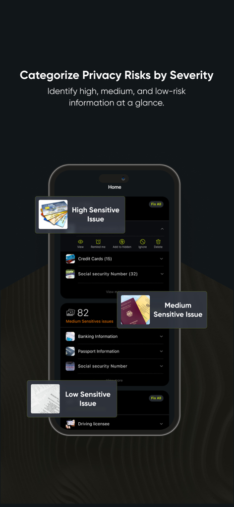 Interfaz de la app Privacy Guard mostrando documentos sensibles categorizados por niveles de riesgo alto, medio y bajo