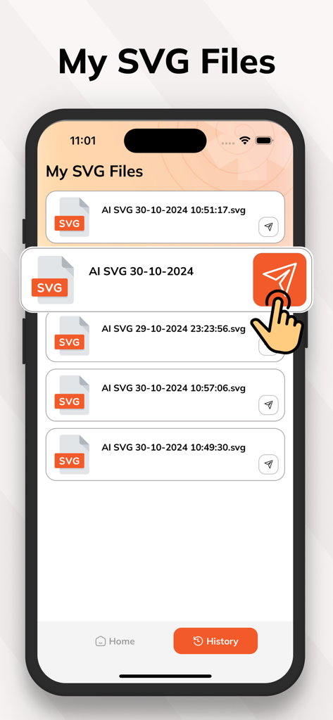 AI SVG Converter - SVG Maker - A list of converted SVG files in the history section of the AI SVG Converter app displayed on an iPhone