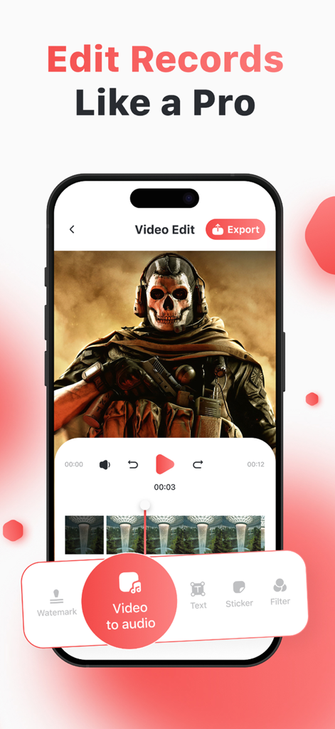 Screen Recorder: Record App.X - Screen Recorder App X interface for editing gameplay videos with tools like video to audio and stickers