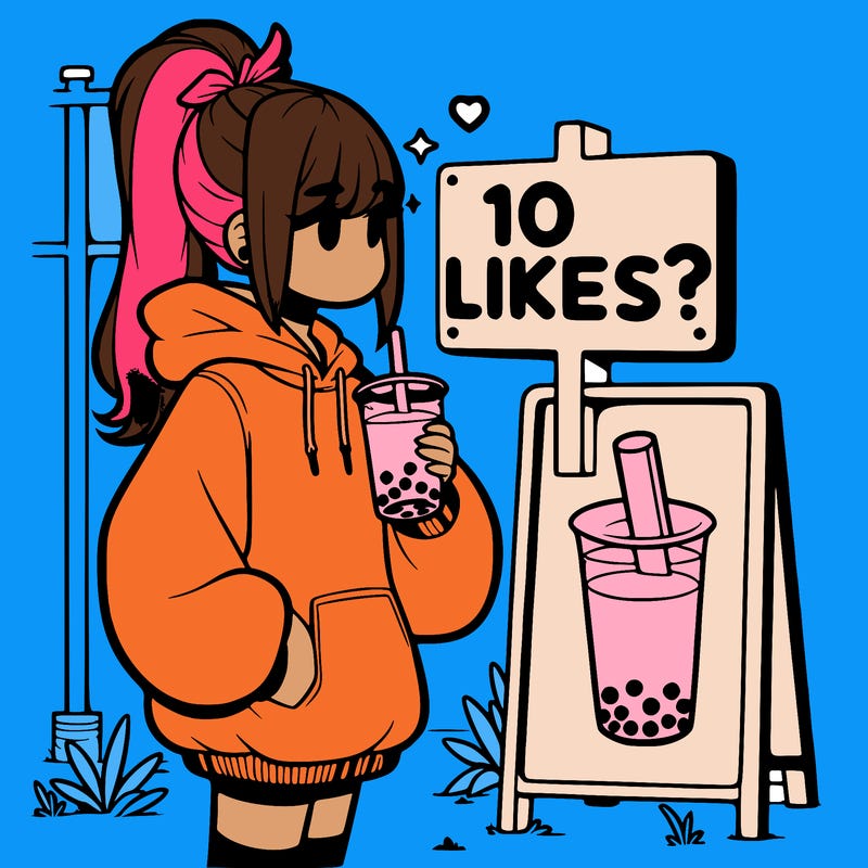 girl with oversized hoodie drinking boba and she has a high ponytail with a sign that says 10likes?