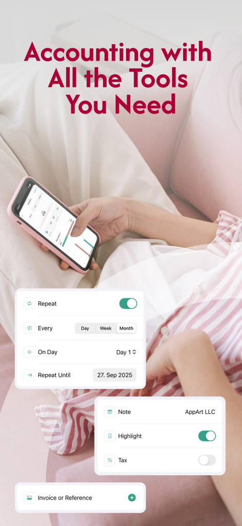 Accounting Bookkeeping Ledger - A person using the mobile accounting app with UI overlays showing repeat transaction and note settings