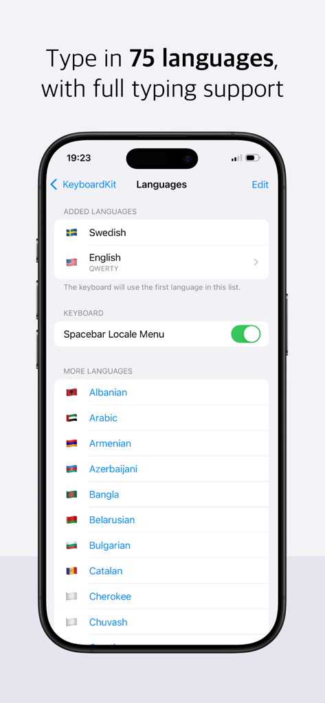 KeyboardKit - Interfaz de la aplicación KeyboardKit mostrando una lista de más de 75 idiomas admitidos para la personalización de la escritura