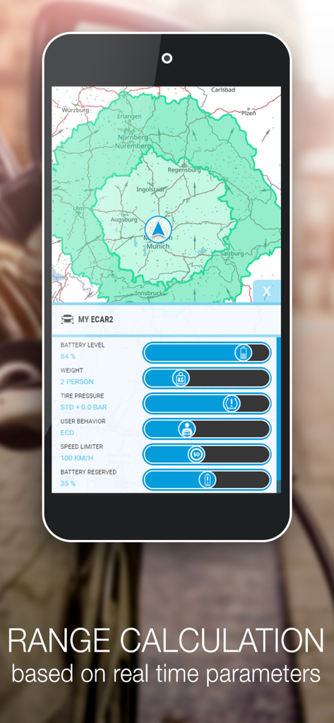 Interfaz de la aplicación Navegación para VE que muestra un mapa de autonomía y parámetros personalizables del vehículo para un coche eléctrico