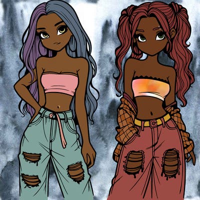 2 girls in crop tops and baggy jeans ripped