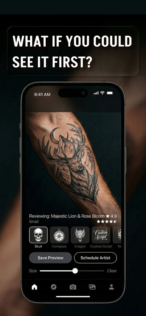 Vista previa de un diseño de tatuaje generado por IA en un antebrazo en la aplicación Tattoo Try