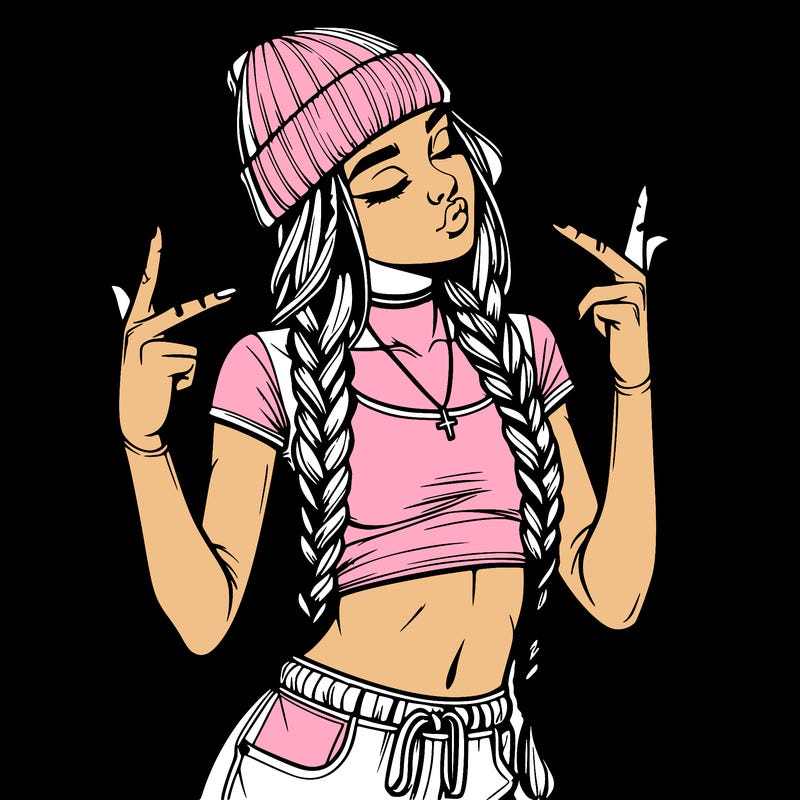 realistic teenage girl with braids and a beanie and crop top doing 🫶🏼