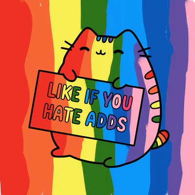 a kawii pusheen cat holding a sign that says like if you hate adds
