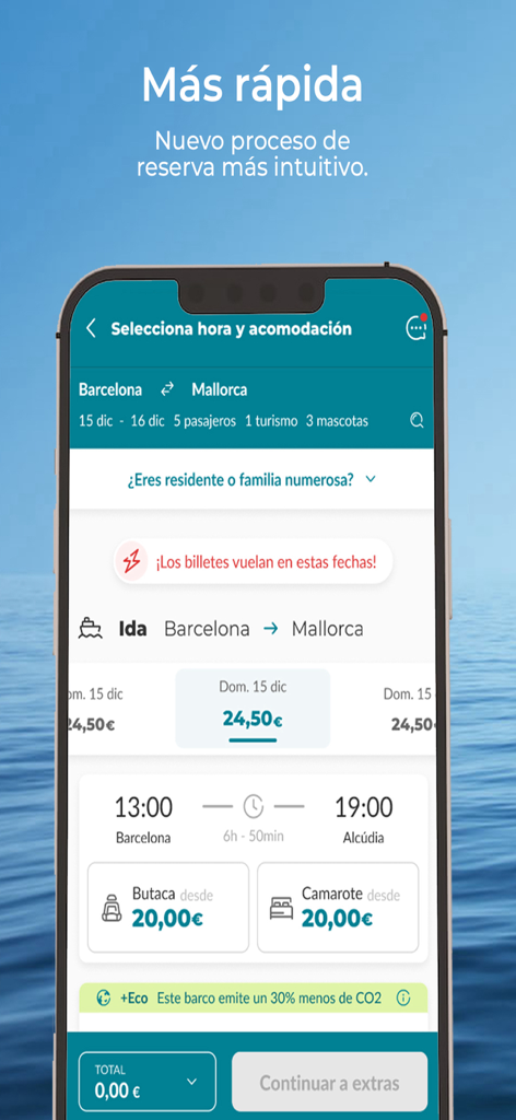 BALEÀRIA: Travel by ferry - Schermata dell'app Balearia per la selezione dei biglietti del traghetto da Barcellona a Maiorca