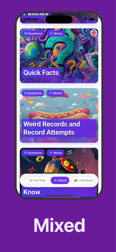 Quiz from Quizery - Captura de pantalla de la aplicación de trivia Quizery mostrando varios paquetes de quizzes que incluyen Datos Rápidos y Récords Extraños.