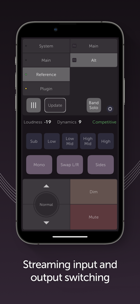 ListenHub - Sonnox ListenHubモバイルアプリのインターフェース。プロフェッショナルオーディオモニタリング用のストリーミング入出力切り替えコントロールが表示されています。